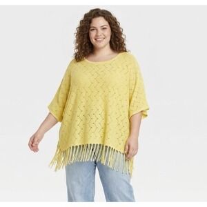NWT NY Collection size 1X Yellow Fringe Open Knit Boho Light Sweater Festival